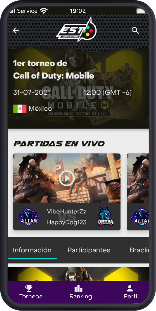 Tournament detail page — live Call of Duty tournament with sponsor placement and bracket tabs