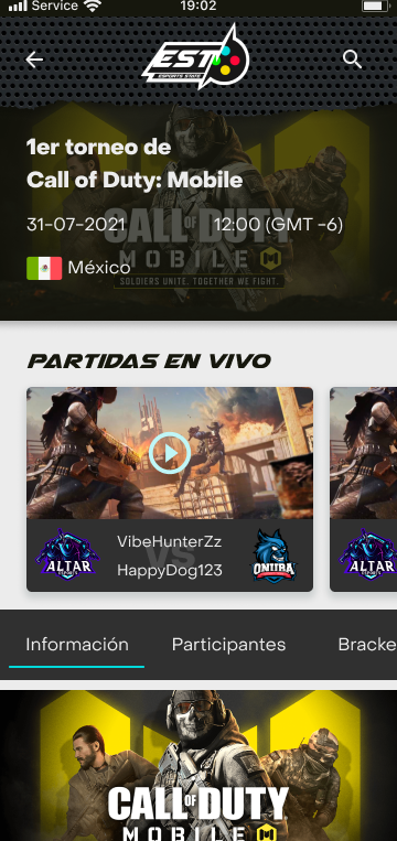 Esports State tournaments list screen