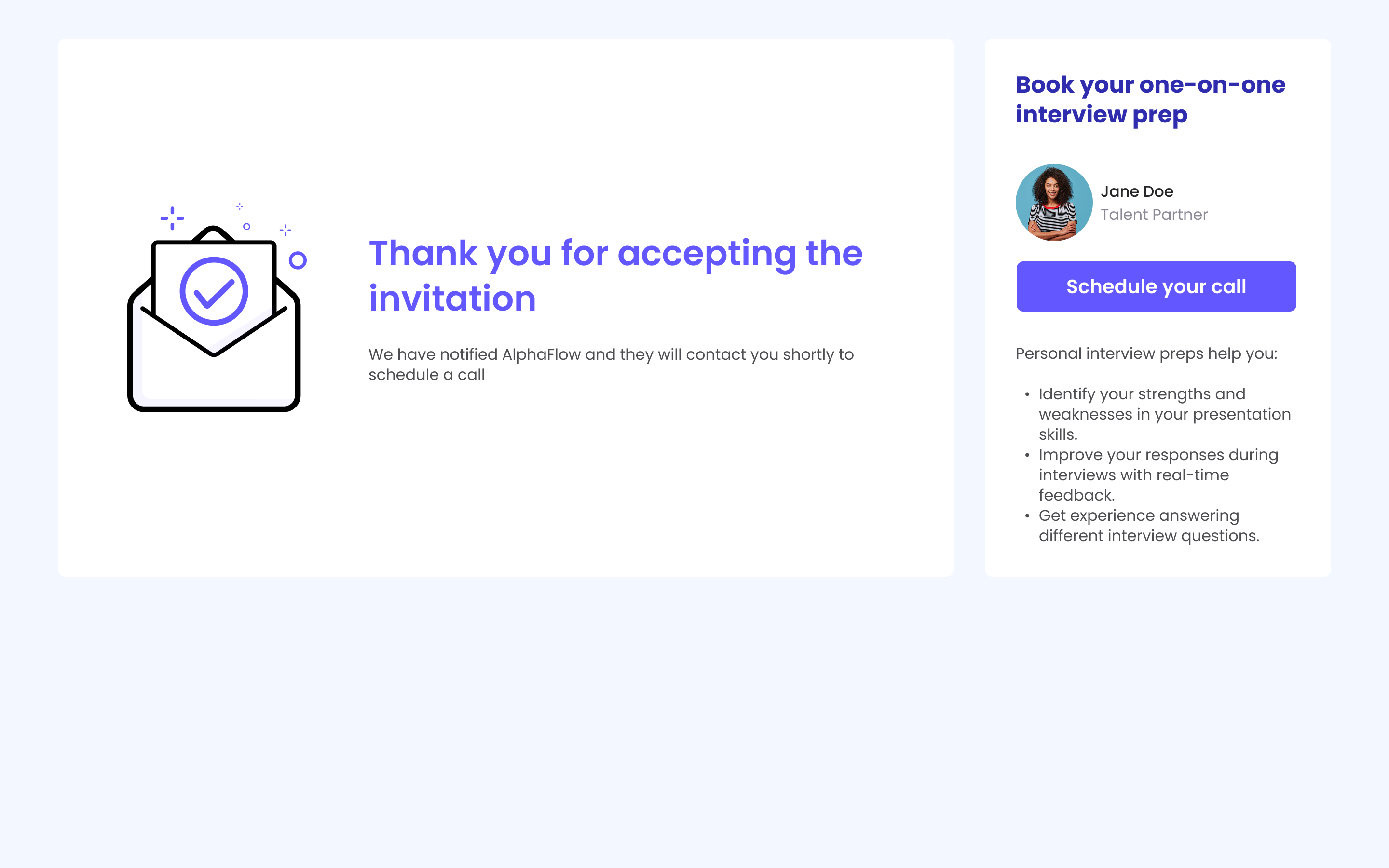 Candidate acceptance page — confirmation of acceptance with the option to book a one-on-one interview prep with the Talent Partner