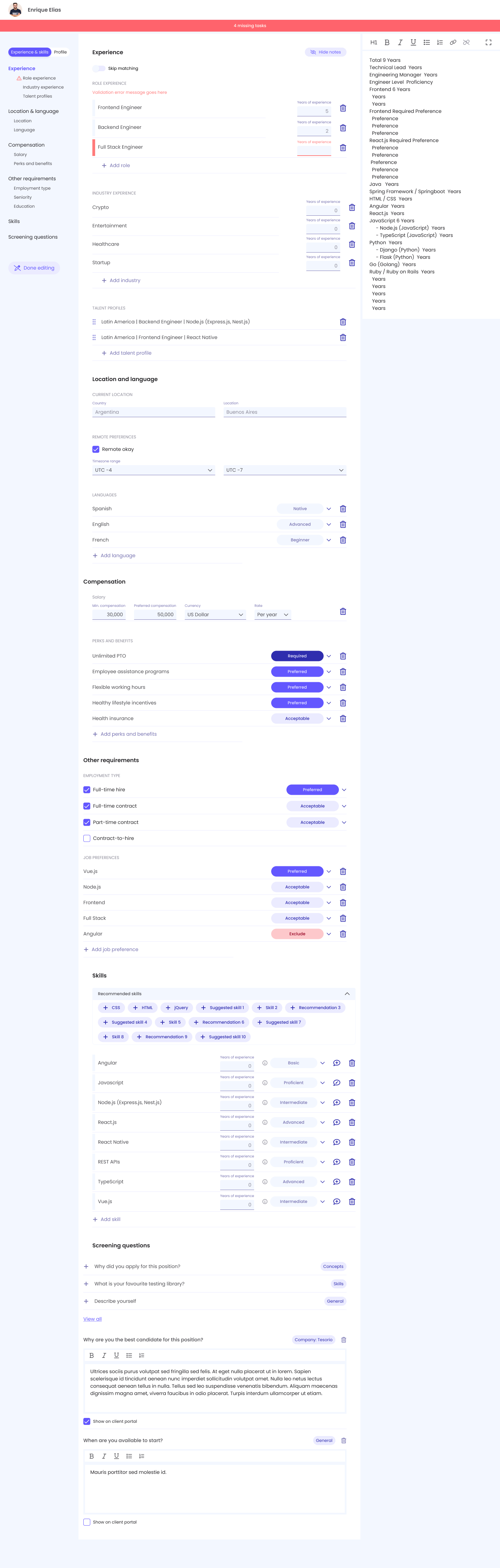 Candidate Profile Editor — sectioned (Experience, Location, Compensation, Other Requirements, Skills, Screening Questions) so a Talent Partner can fill it in real time during the interview, with a Notes section catching qualitative observations