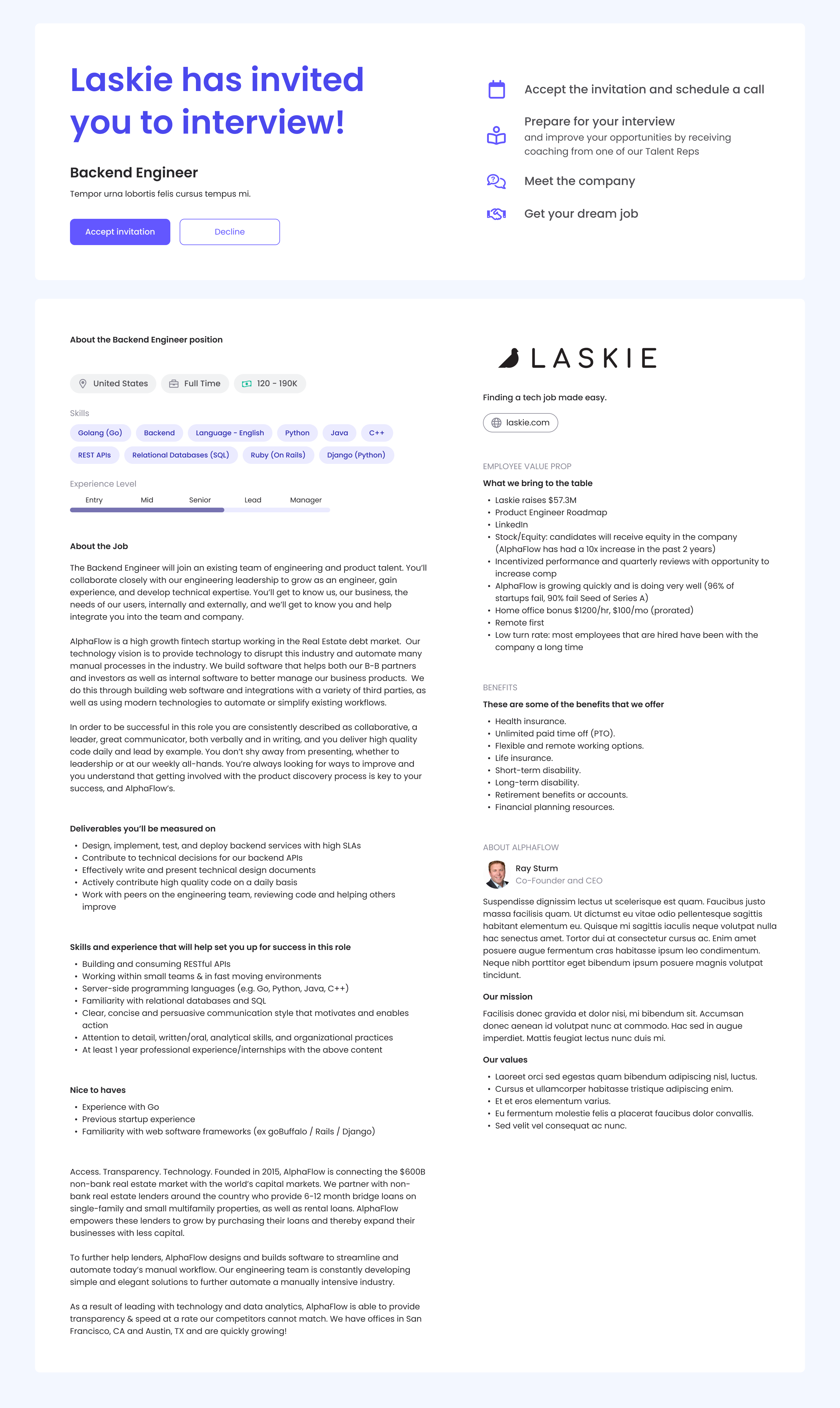 Laskie candidate invitation landing — the moment of decision for a candidate