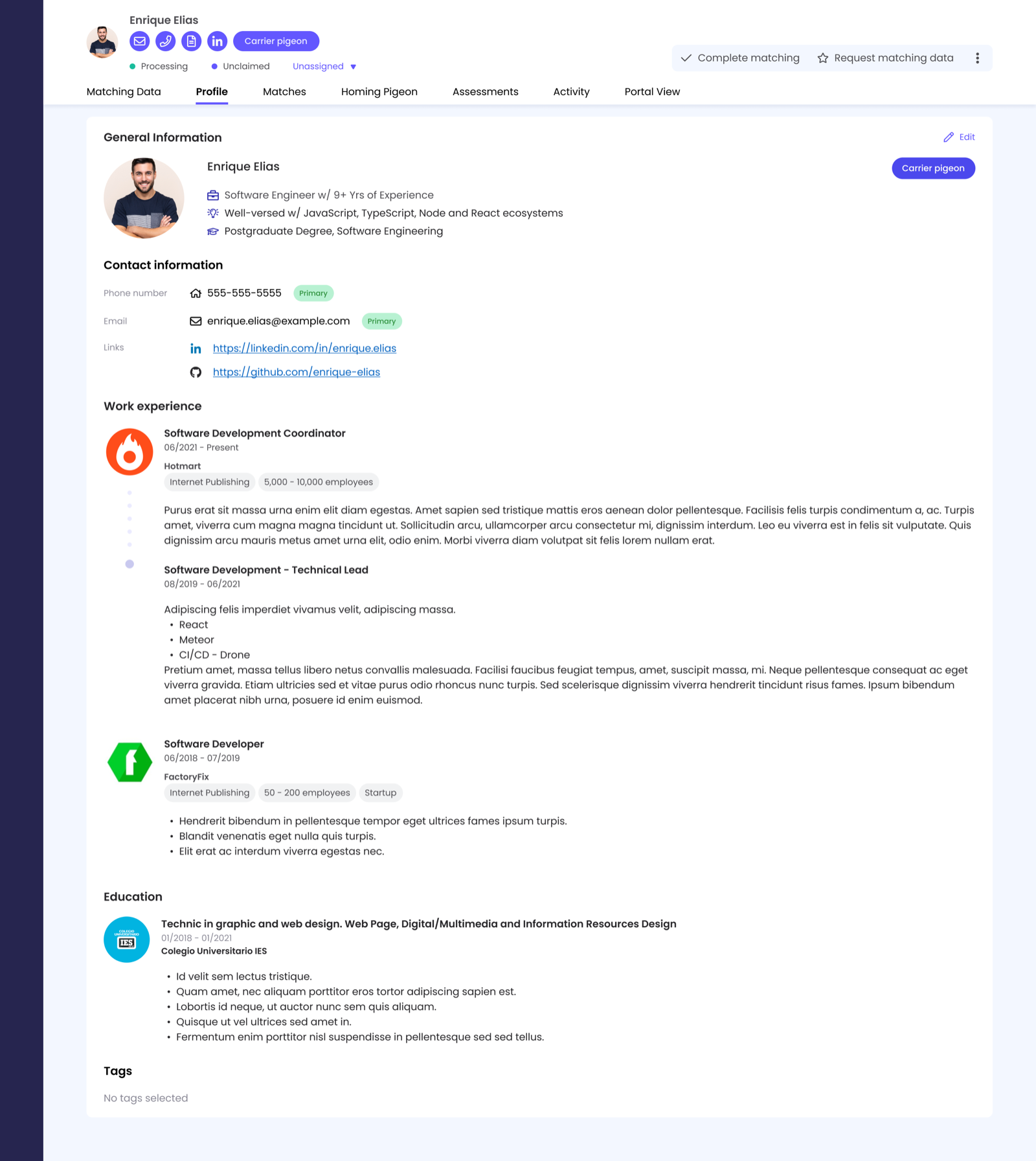 Candidate profile — the TP's reading view with experience, contact, skills and work history laid out for fast scanning