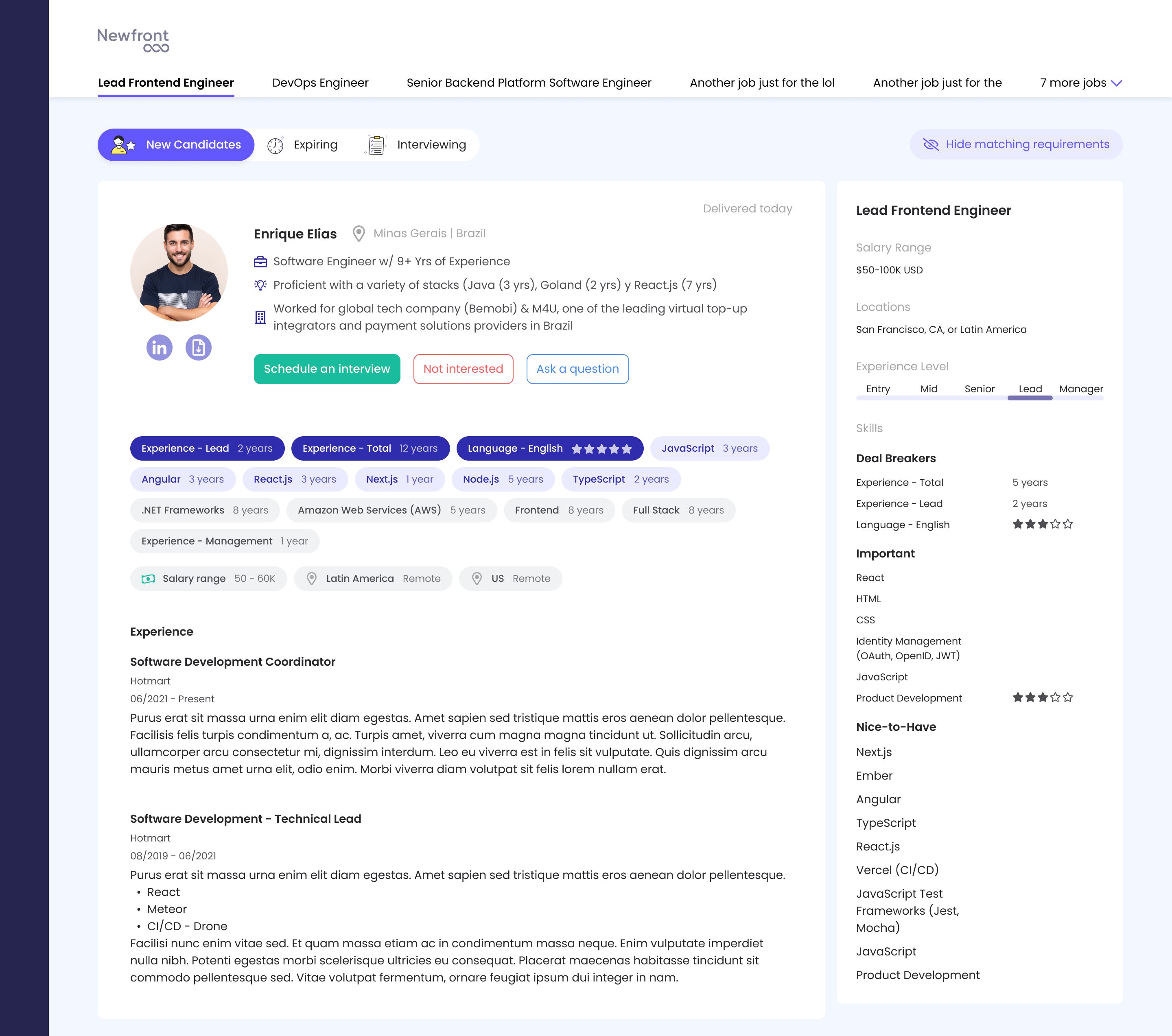 Client portal — candidate pipeline tabs (New, Expiring, Interviewing) with full candidate profile and deal-breaker scoring