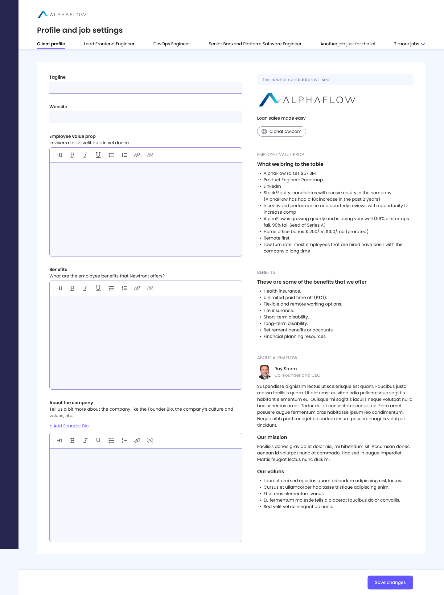 Client Profile Builder — client constructing their company profile with mission, benefits, and team info; live preview on the right shows how candidates will see it