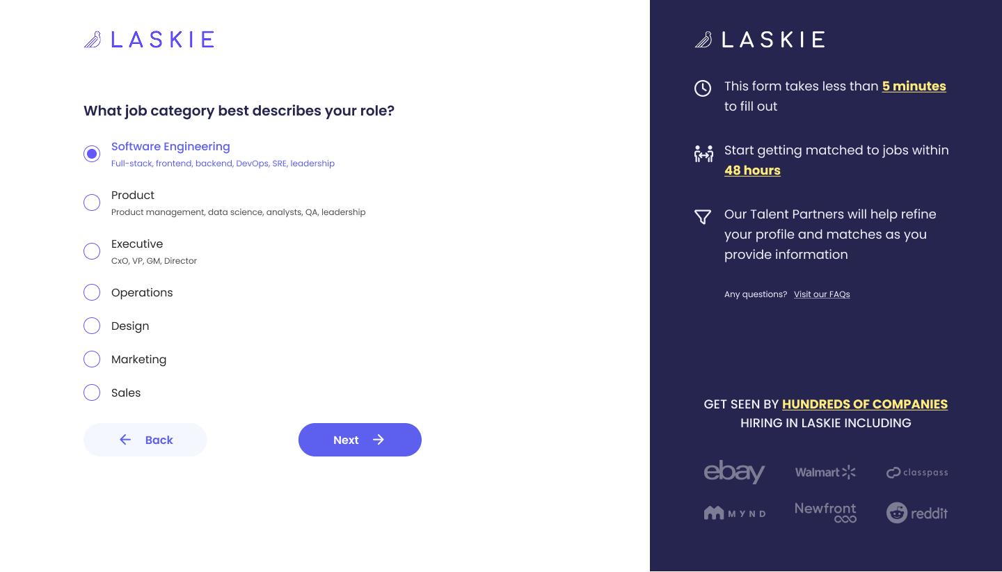 Laskie onboarding funnel — first step asks the candidate which job category fits, with brand panel reinforcing speed and reach