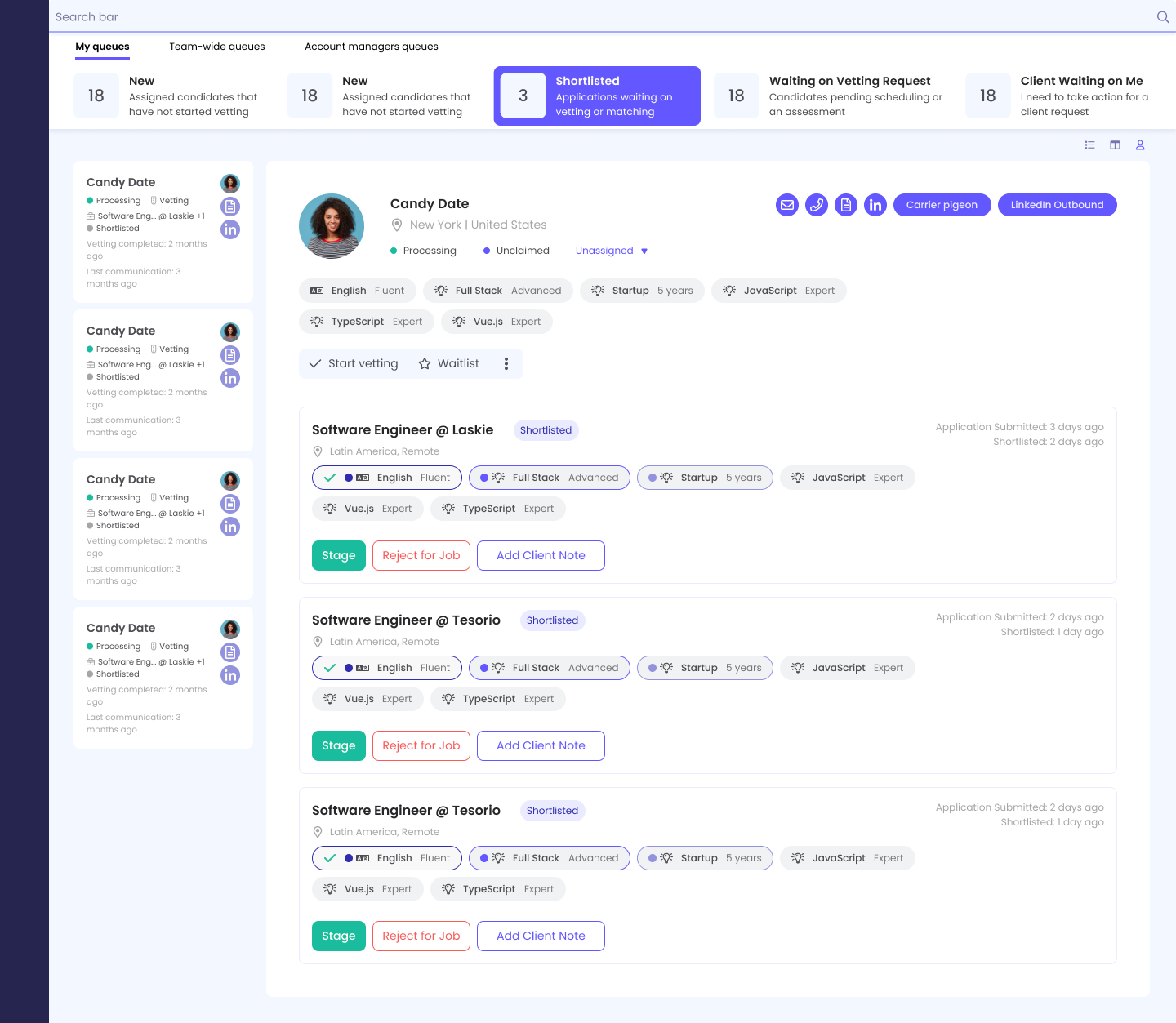 Laskie Talent Partner navigation — vetting-stage tabs and candidate list